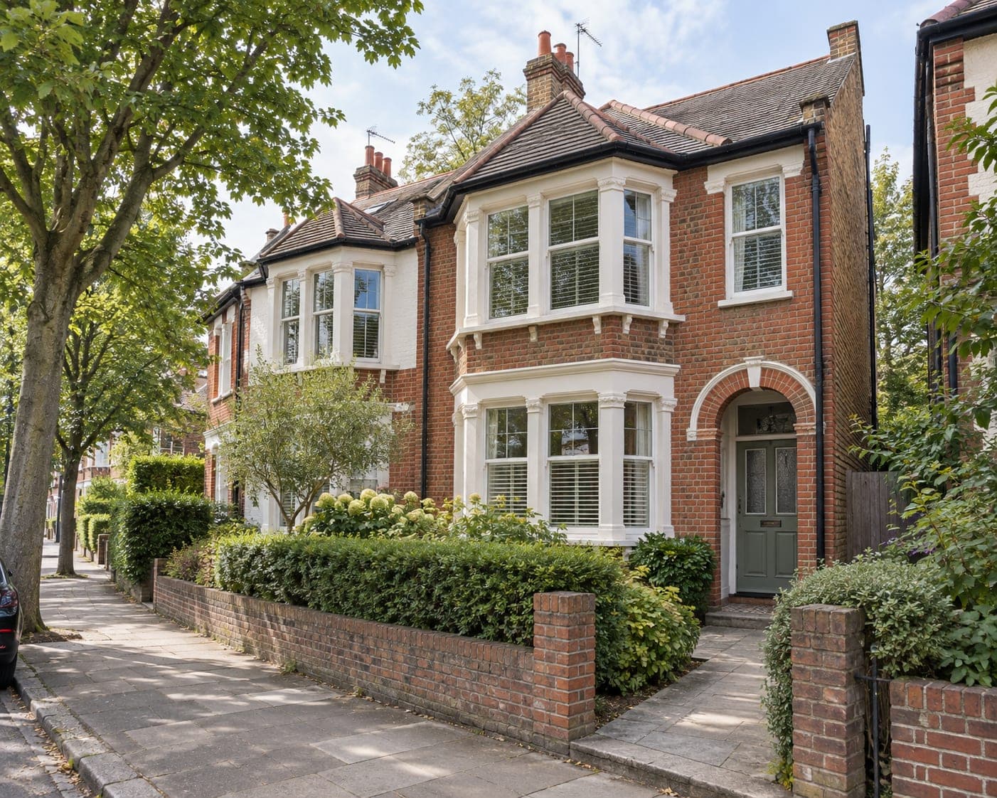 A red-brick Victorian house with bay windows on a tree-lined North London street