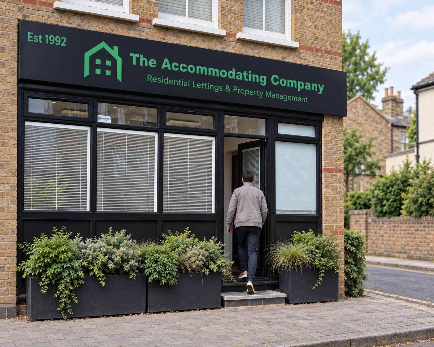 The Accommodating Company shopfront on Browning Road, Enfield, on a tree-lined terrace